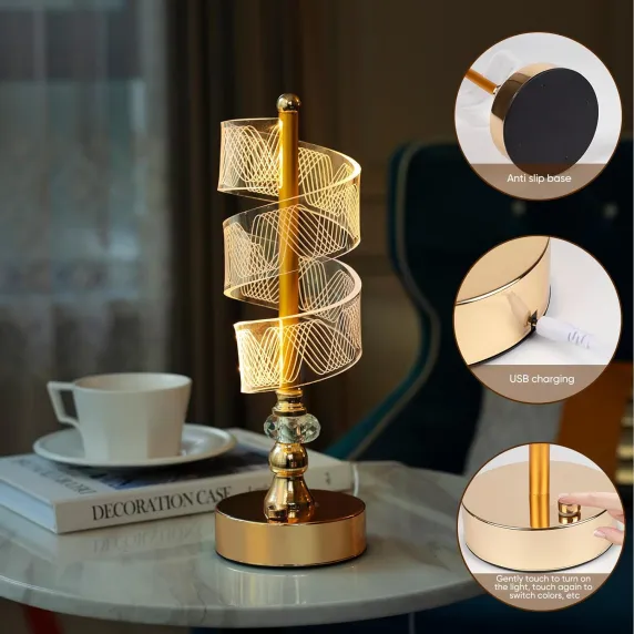 Настільна лампа/ Crystal Table Lamp. Сучасний вигнутий акриловий світильник, нічник зі зміною кольорів, бездротова акумуляторна лампа із заряджанням через USB., зображення - 1