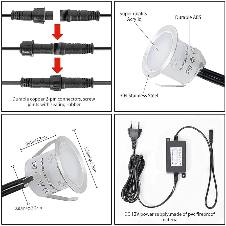 Набір із 10 світлодіодних вбудованих точкових світильників, 12V, IP67, регулювання яскравості, теплий білий 3000 К, білий, 4000 К, з дистанційним керуванням, Ø 32 мм.., зображення - 1