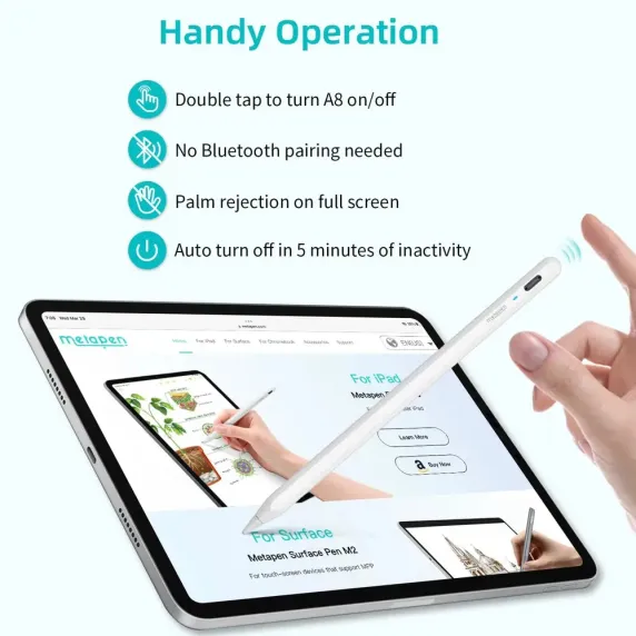 Універсальний стилус Metapen А8 для iPad 2018-2024, iPad Pro, iPad Air, iPad (2X швидша зарядка та міцніший наконечник). Білий., зображення - 1