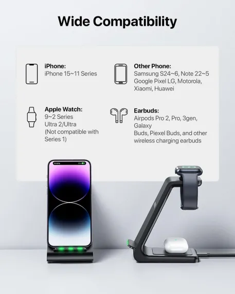 Бездротова зарядна станція Intoval, зарядний пристрій 3 в 1 для Apple iPhone/iWatch/Airpods (A3, чорний)., зображення - 2