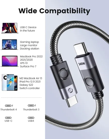 Кабель ORICO USB C, 240 Вт, зарядка, передача даних 40 Гбіт/с, сумісний із кабелем USB 4, кабель Thunderbolt 4 4,92 фута, для Macbook типу C, iPad Pro, ноутбука, концентратора, док-станції та інших., зображення - 1